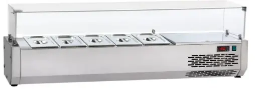 JKS VR3150VD – TABLE TOP REFRIGERANT INGREDIENT DISPLAY WITH FLAT GLASS COVER CAPACITY: 1/3 5 GN , VOLTAGE:220-240V/50HZ/1PH , DIM:1500x389x457 MM 