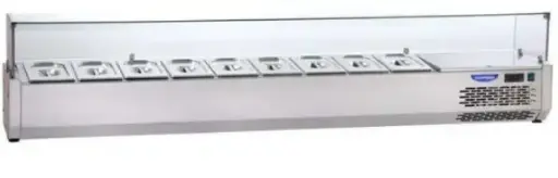 JKS VR3190VD – TABLE TOP REFRIGERATED INGREDIENT DISPLAY WITH FLAT GLASS COVER CAPACITY: 8 GN 1/3 , VOLTAGE: 220-230 V / 50/60 HZ / 1 PH , DIM: 1900x387x455 Mm 